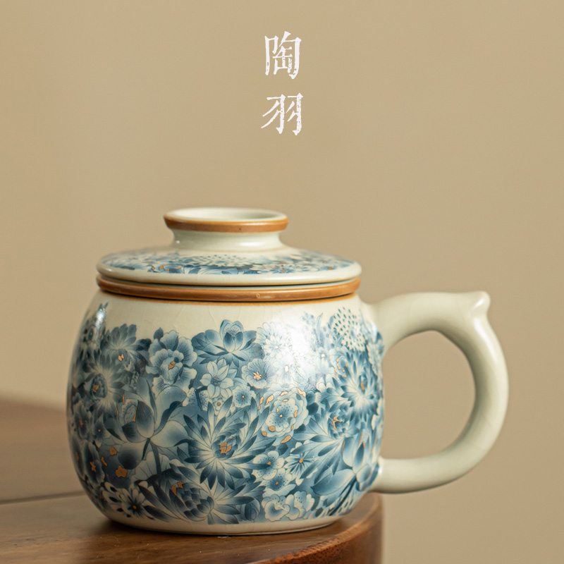 汝窑金万花陶瓷过滤泡茶杯马克杯茶水