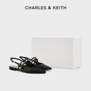 CHARLES&KEITH24夏季新款SL1-71790030尖头平底镶钻一字带凉鞋女