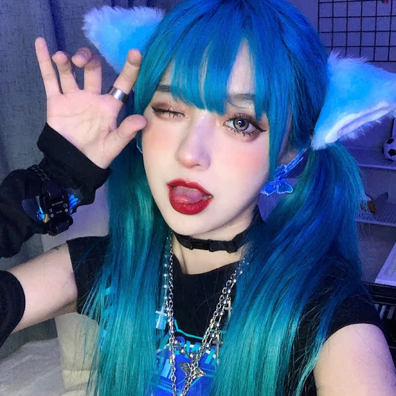 精灵蓝假发女长直发长发网红ins韩国仿真自然抖音同款个性全头套