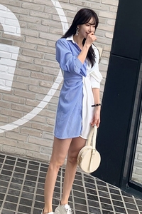 Korean fashion temperament elegant thin stripe stitched shirt skirt dress