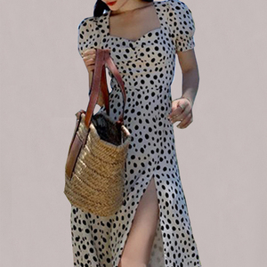 2022 wave dot print floral French deep V Neck fairy temperament goddess commuter waist long dress