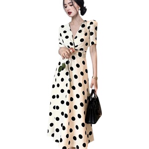 2022 wave dot dress French deep V tea break fairy temperament goddess commuter waist dress