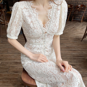 2021 Korean new fashion temperament elegant lace two-piece slim dress