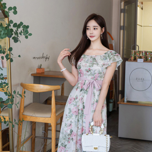 2022 spring and summer new Korean fashion temperament Bohemian printed holiday style one shoulder dress