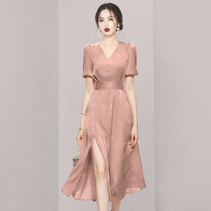 2021 new celebrities high sense V-neck mesh waist closing to show thin temperament high-end split medium length dress