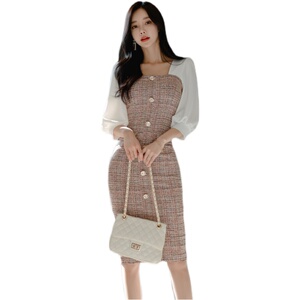 2022 spring new Korean style fashionable temperament elegant slim sexy medium length commuter square neck dress