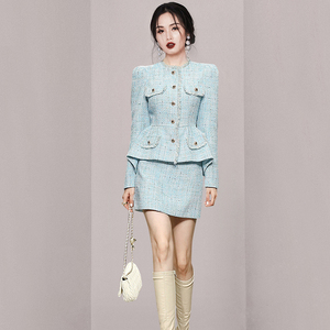 2021 autumn and winter new fashion tassel shape small fragrant tweed coat high waist half a skirt suit