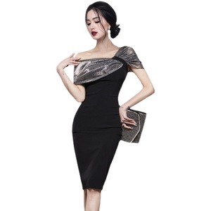 New Korean fashion temperament mesh diagonal shoulder dress dress sexy hip wrap dress