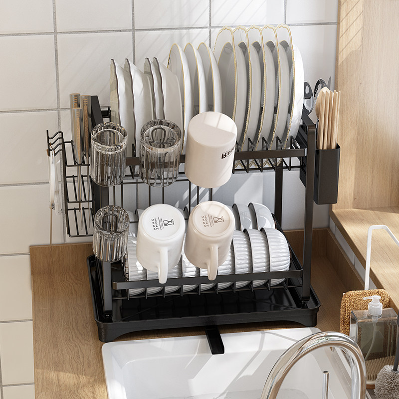 双层碗盘收纳架大号厨房碗碟置物架挂杯子放碗架碗筷沥水架多功能