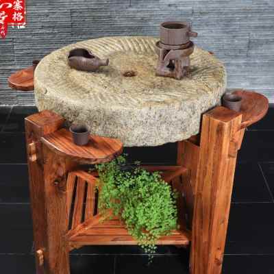 石磨茶盘石碾庭院石桌茶台旧石器石槽流水景观老磨盘茶海石凳茶桌