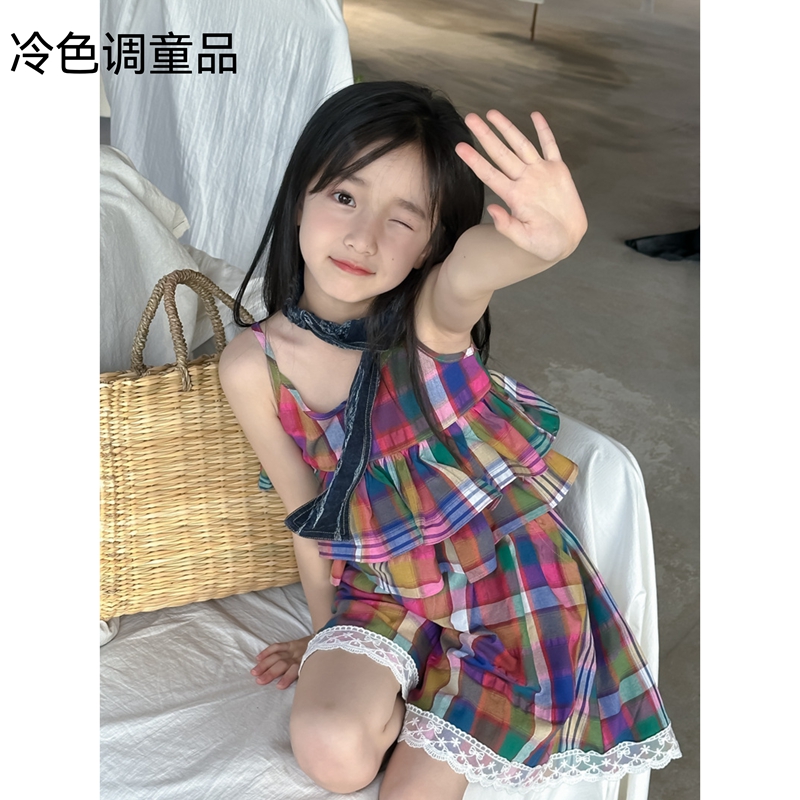 2024夏款女童短版彩色格子蛋糕吊带+花边大裙裤儿童俏皮甜美套装