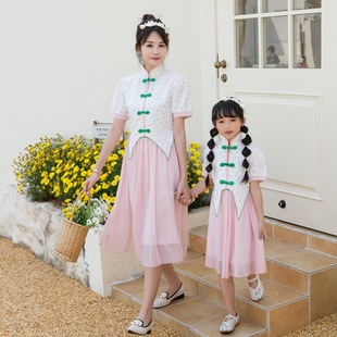 2024夏季高端新款母女装假两件套连衣裙复古中国风汉服亲子装礼服