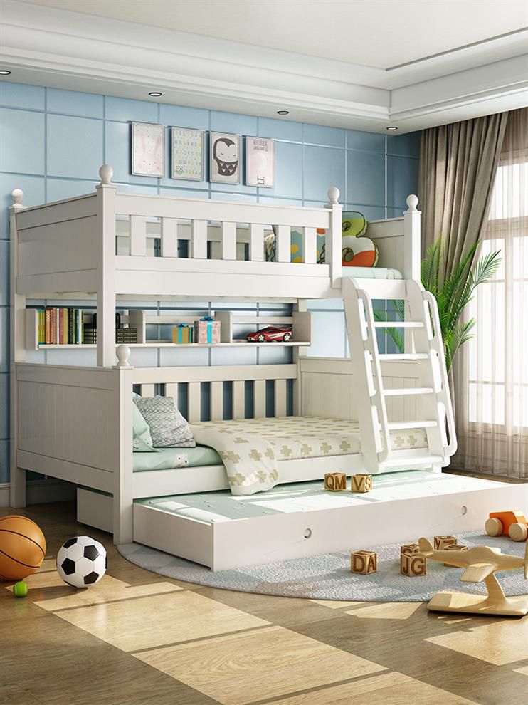 木匠大师 全实木上下床双层床女孩白色高低床韩式纯白儿童子母床_5折