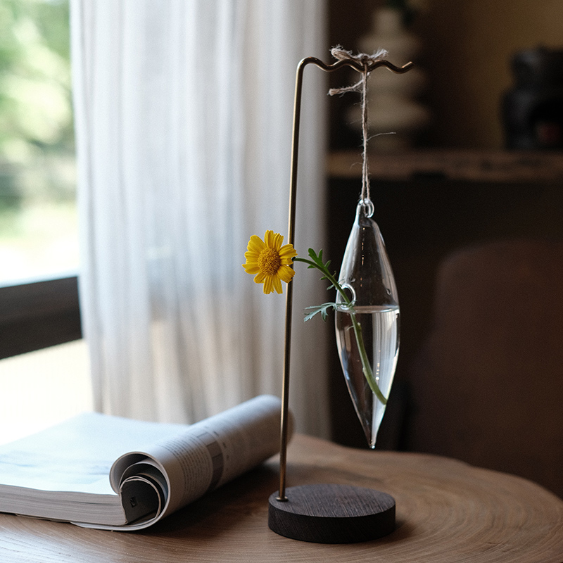 日式插花玻璃小花瓶水滴容器小口花器水养插花桌面花瓶挂架摆件