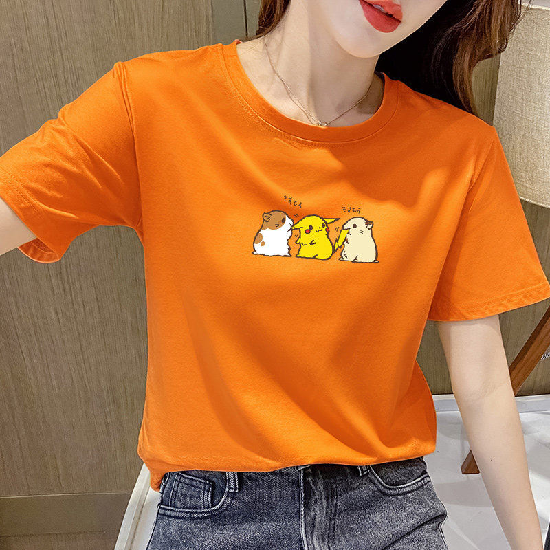 纯棉橙色短袖t恤女夏季2022年新款韩版宽松半袖圆领卡通女士上衣