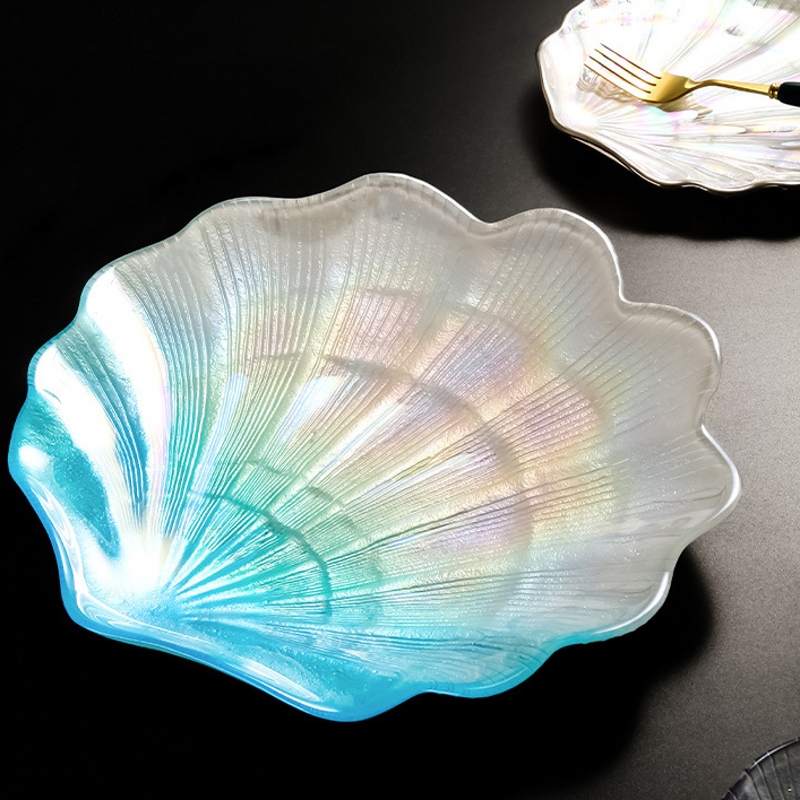 北欧海洋玻璃盘创意首饰收纳盘甜品盘沙拉碗水果盘餐具炫彩贝壳盘