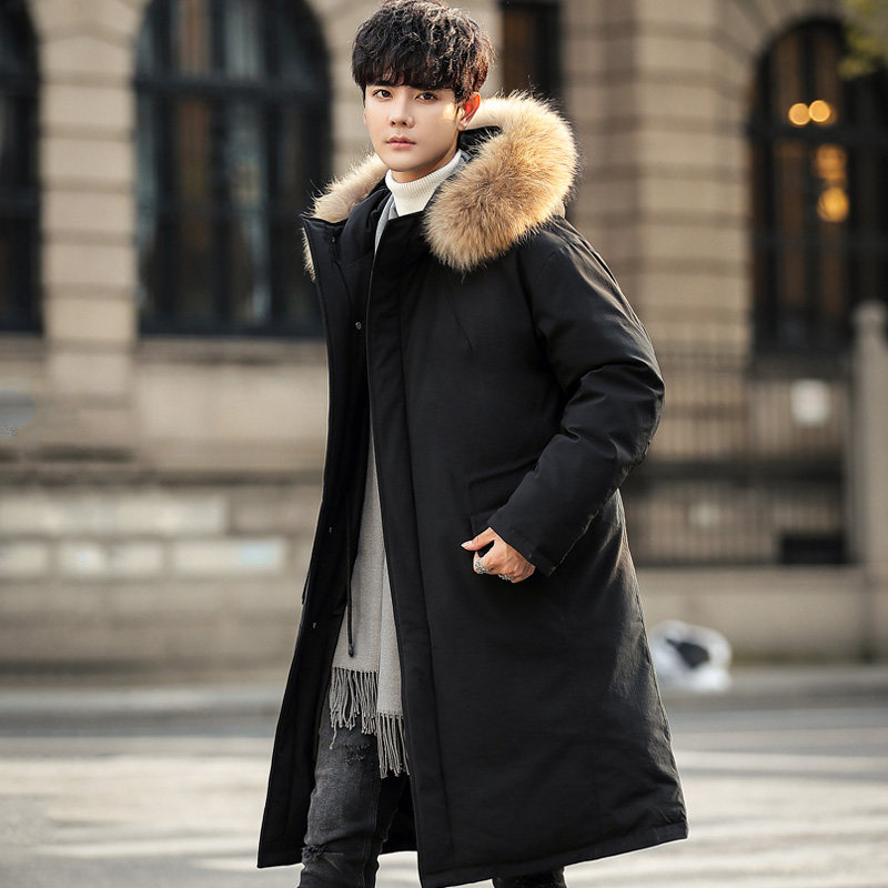 中长款羽绒服男长款过膝真毛领韩版潮流大码加厚帅气派克大衣外套