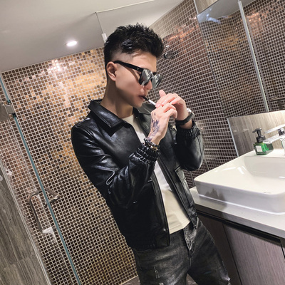 皮衣男新款韩版潮流翻领外套男春季修身褂子机车服精神小伙皮夹克