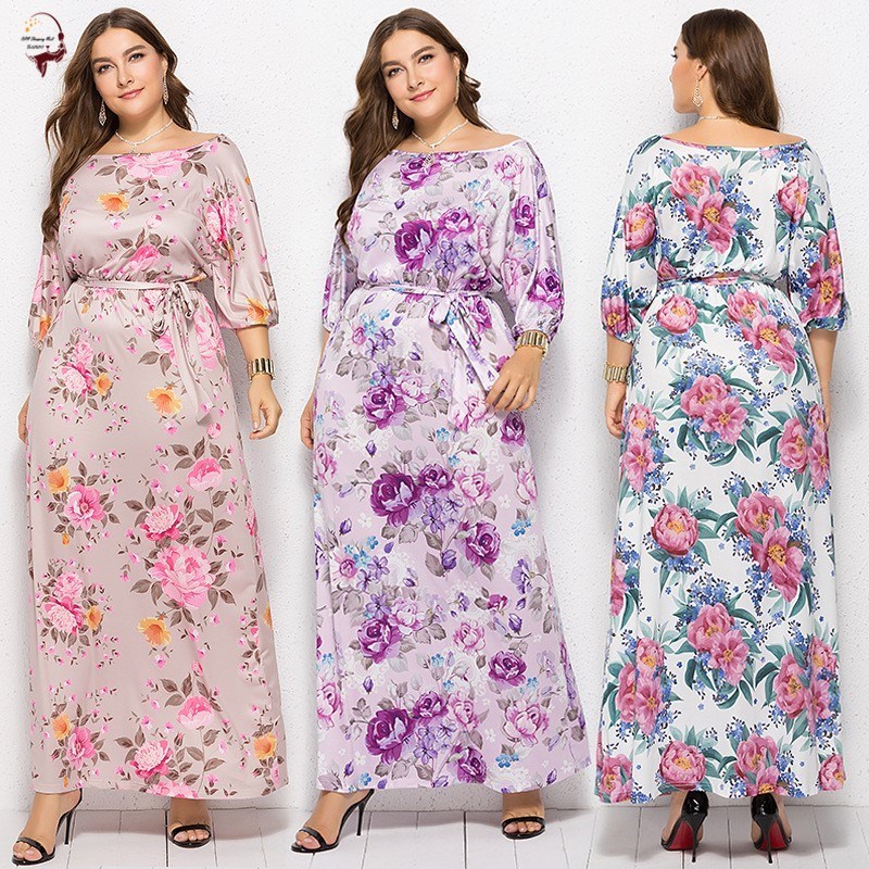 women long dress plus size floral print maxi dress大码连衣裙