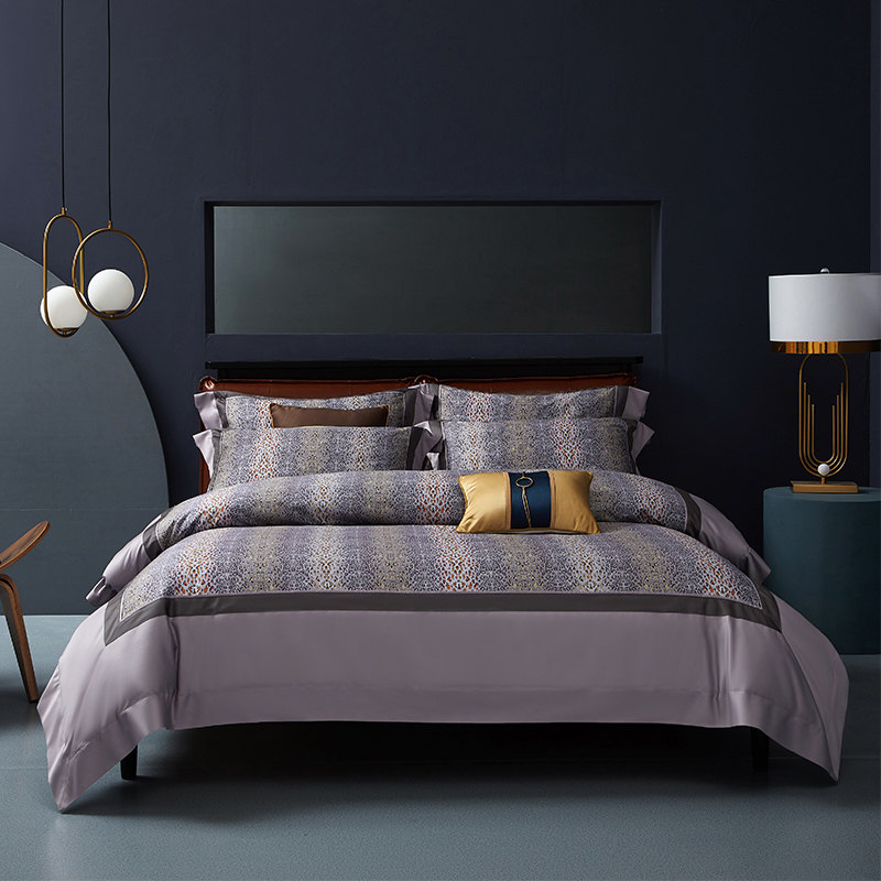 曼庄家纺紫灰纯棉别墅床品百支全棉100s轻奢后现代四件套双人被套