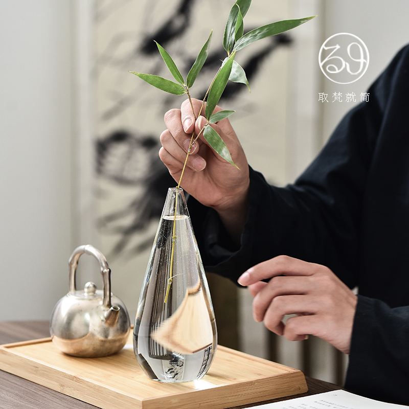 日式插花玻璃小花瓶 禅意水滴容器小花器透明简约客厅餐桌小摆件