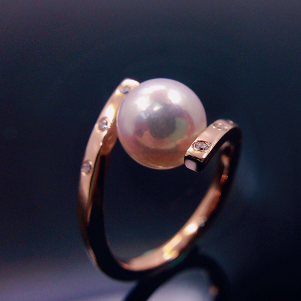 唐秋珠宝定制18k黄金真钻石镶嵌akoya日本海水珍珠戒指钻戒首饰