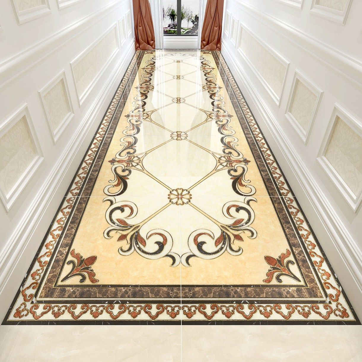 欧式客厅地砖玄关入户拼花地板砖走廊过道无限拼图镀金瓷砖室内80