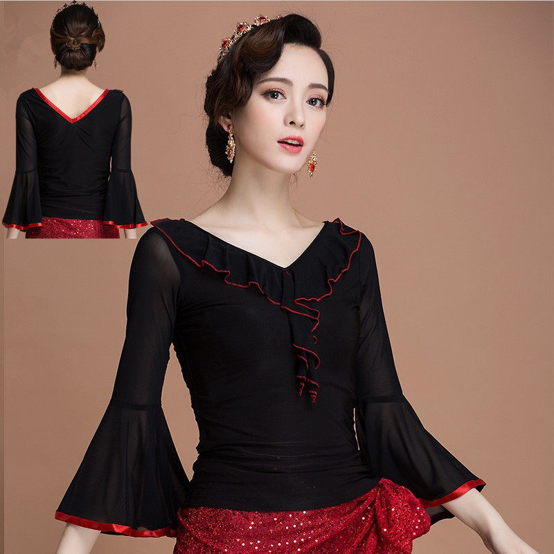 华尔兹上衣新款中长袖交谊国标摩登拉丁舞服装练功服女三步踩舞衣