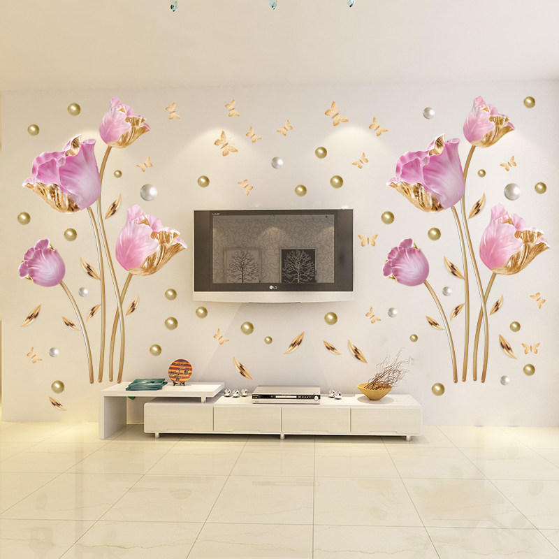 客厅中国风电视背景墙3d立体墙贴画仿真花朵创意郁金香墙纸自粘贴