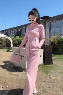 粉色连帽卫衣套装女2024春季新款时尚洋气减龄休闲运动长裤两件套