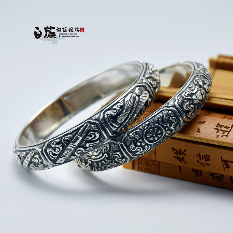 足银999纯银藏八宝汉八宝手工复古手镯高工艺民族风做旧手环