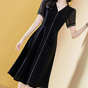 蓓罗拉黑色短袖高端连衣裙奢华大牌2024新款夏季显瘦收腰气质裙子