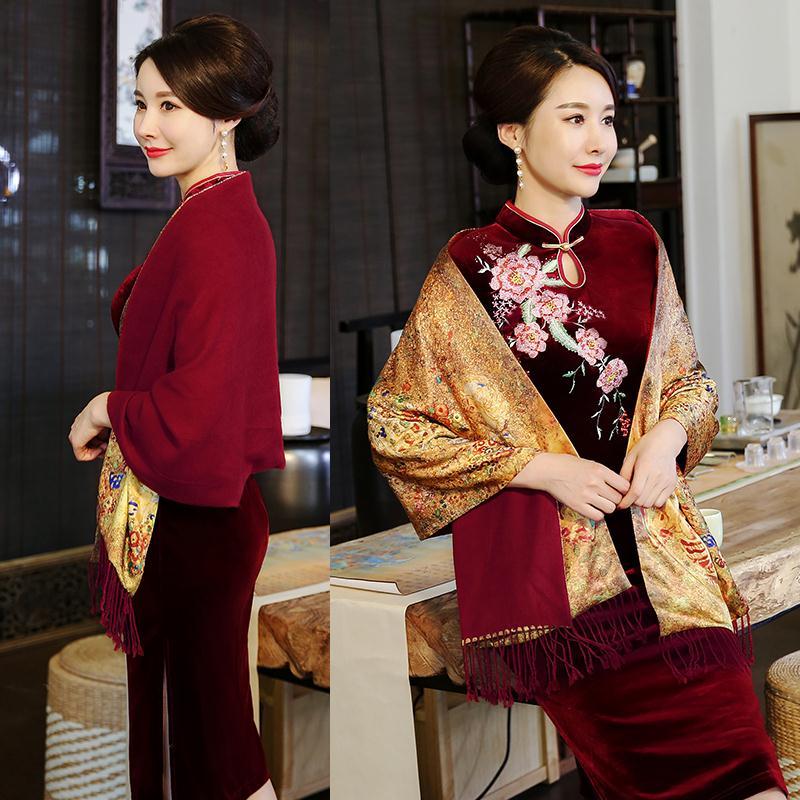 喜婆婆旗袍披肩外搭婚礼红色女结婚妈妈礼服春秋冬款斗篷式外套潮