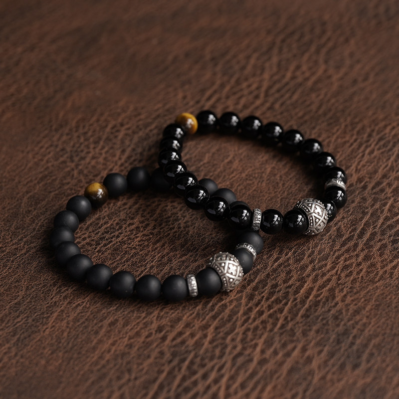 偶屿信条系列中世纪复古十字编纹隔珠手链黑玛瑙diy欧美护身手串