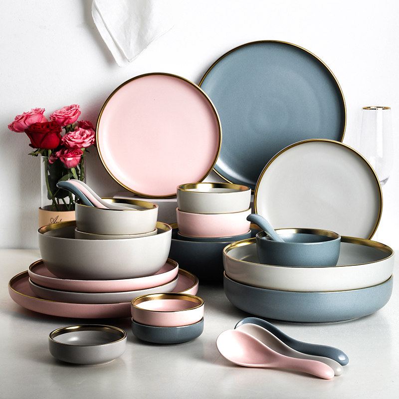轻奢北欧金边碗碟餐具套装创意ins哑光简约2人食陶瓷家用碗盘组合