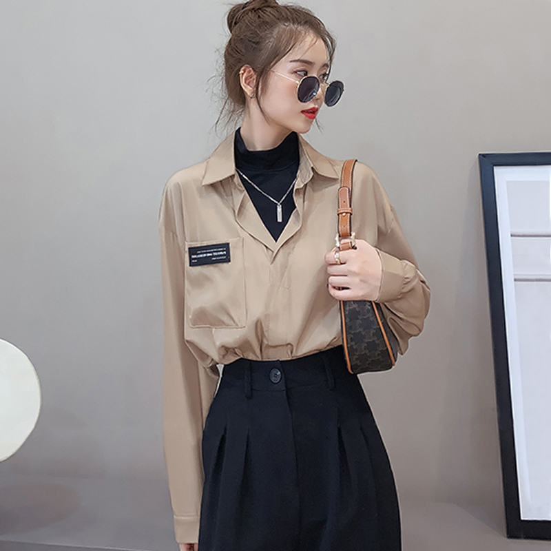 半高领假两件衬衫女春秋2021新款设计感小众叠穿衬衣长袖内搭上衣