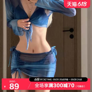 omom2024春夏时尚Bikini性感辣妹比基尼围裙式四件套温泉度假泳衣