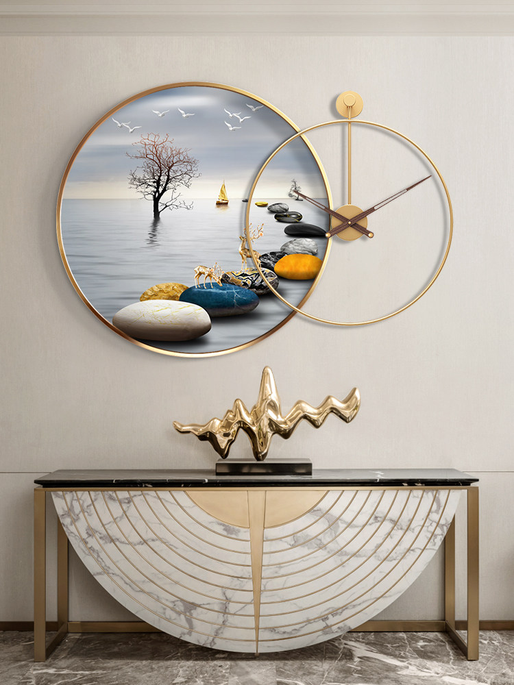 石时来运转新中式餐厅饭厅装饰画带钟表组合现代客厅挂画玄关壁画