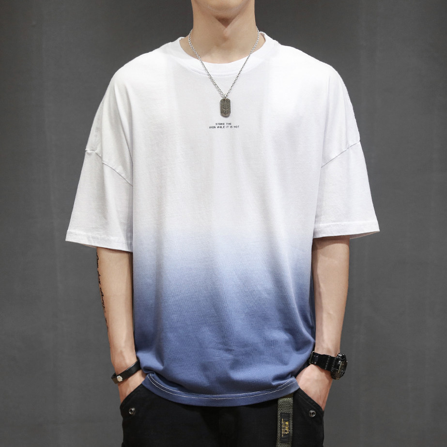 夏季新款街头潮流渐变色短袖宽松t恤男生复古汗衫个性圆领纯棉tee