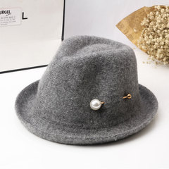 韩版秋冬针织礼帽羊毛混纺卷边短檐珍珠装饰小礼帽复古针织爵士帽