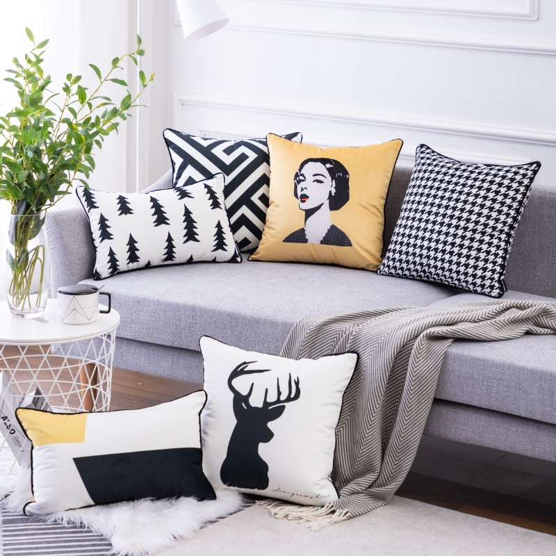 北欧轻奢黄色丝绒抱枕沙发靠垫客厅样板房靠枕长方形 腰枕套定做