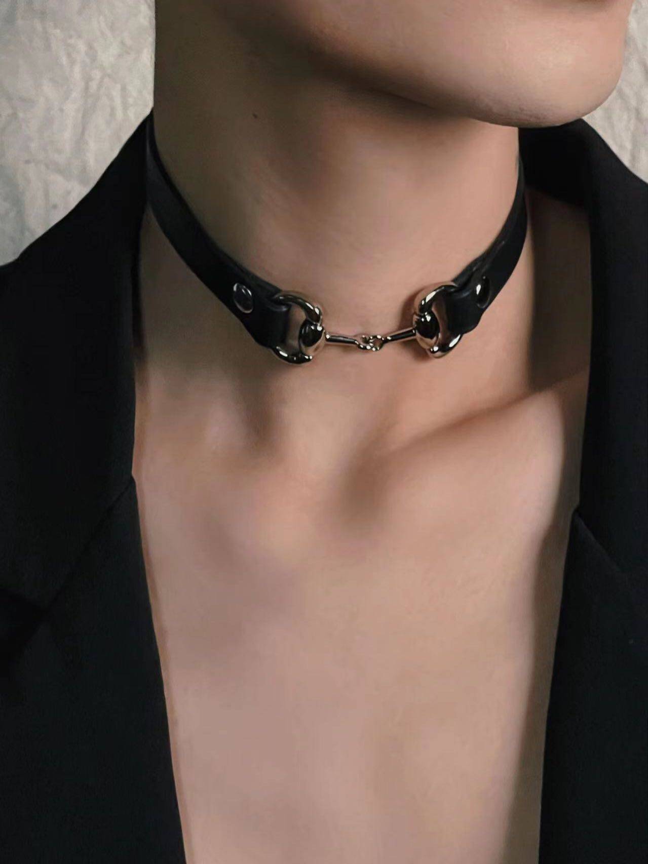franken原创马蹄扣项圈朋克钛钢链条颈链脖圈摇滚情侣头层皮项链
