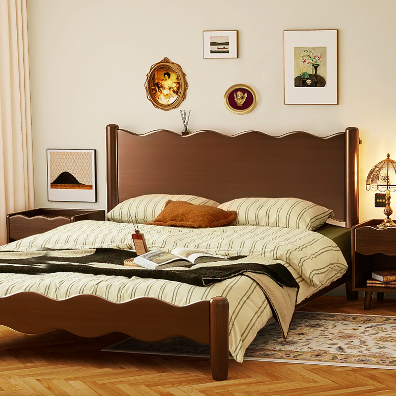 胡桃色复古实木床现代简约法式15米18双人床全实木主卧室小户型