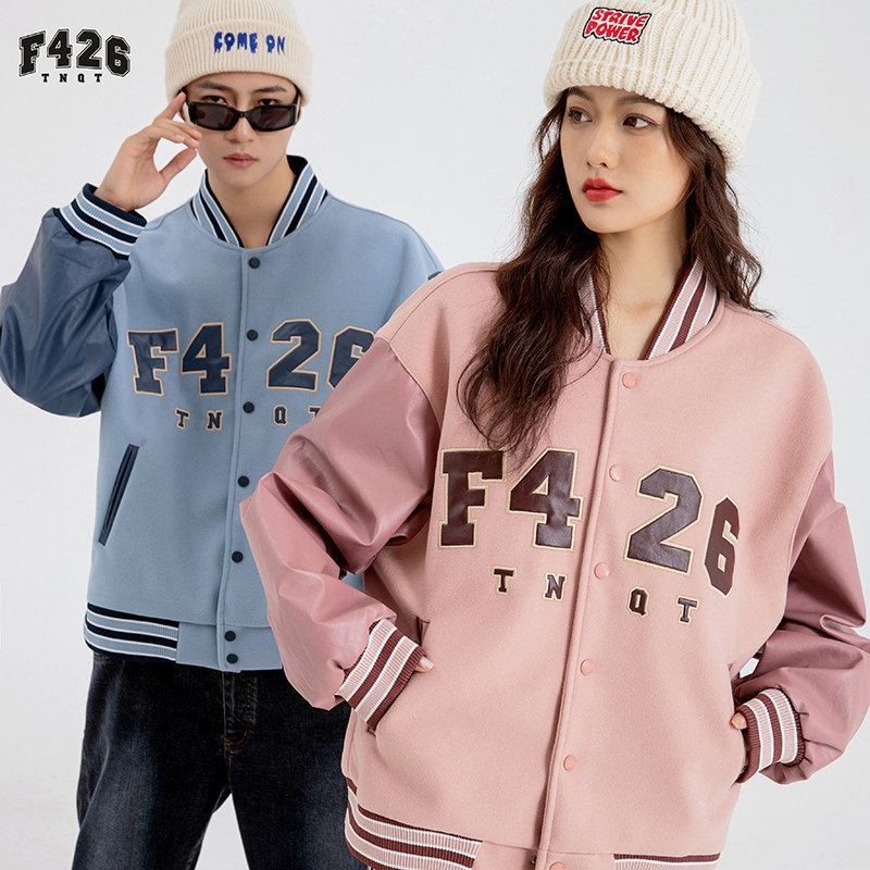 【官方店】f426 tnqt棒球服美式大logo嘻哈宽松拼接情侣街头外套