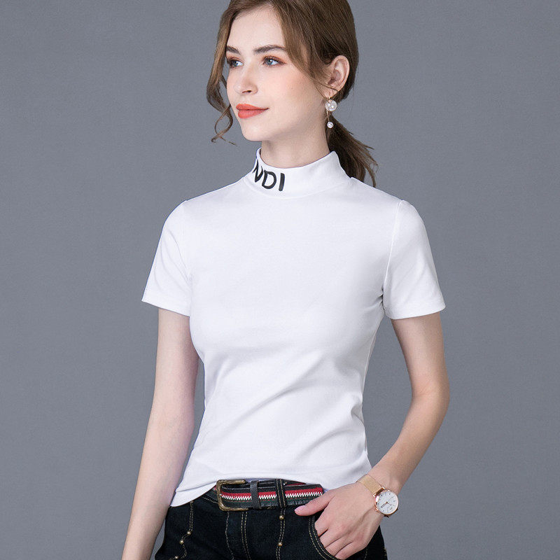 欧洲2022春夏季新款纯棉半袖半高领短袖t女纯色字母印花修身上衣—t恤