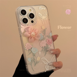 ins小众立体玫瑰花适用于苹果14promax手机壳iPhone15新款创意13pro透明闪粉12plus清新油画防摔套粉色