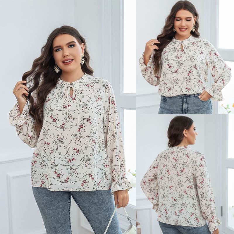 plus size women t shirt floral tops 大码女装白色碎花T恤上衣