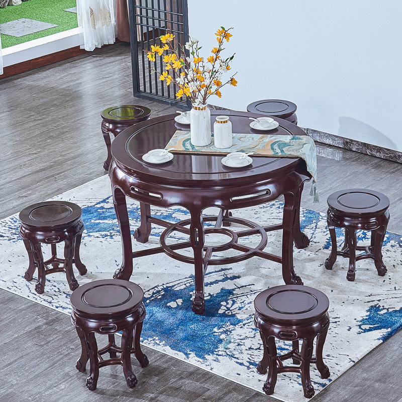 赞比亚小叶紫檀餐实木桌椅七件套血檀圆形组合明清红木古典家具