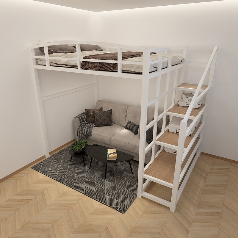 简约现代铁架上铺床省空间多功能阁楼举架床公寓高架床复式二楼床