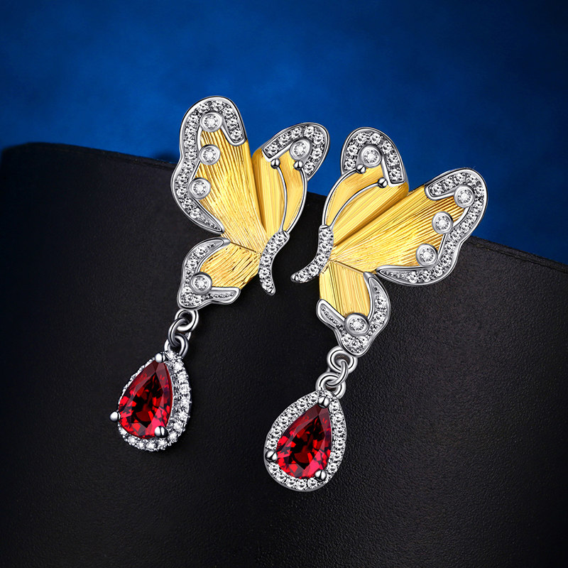宝创集18k金镶1克拉天然鸽血红红宝石耳饰对称蝴蝶耳坠耳环清新